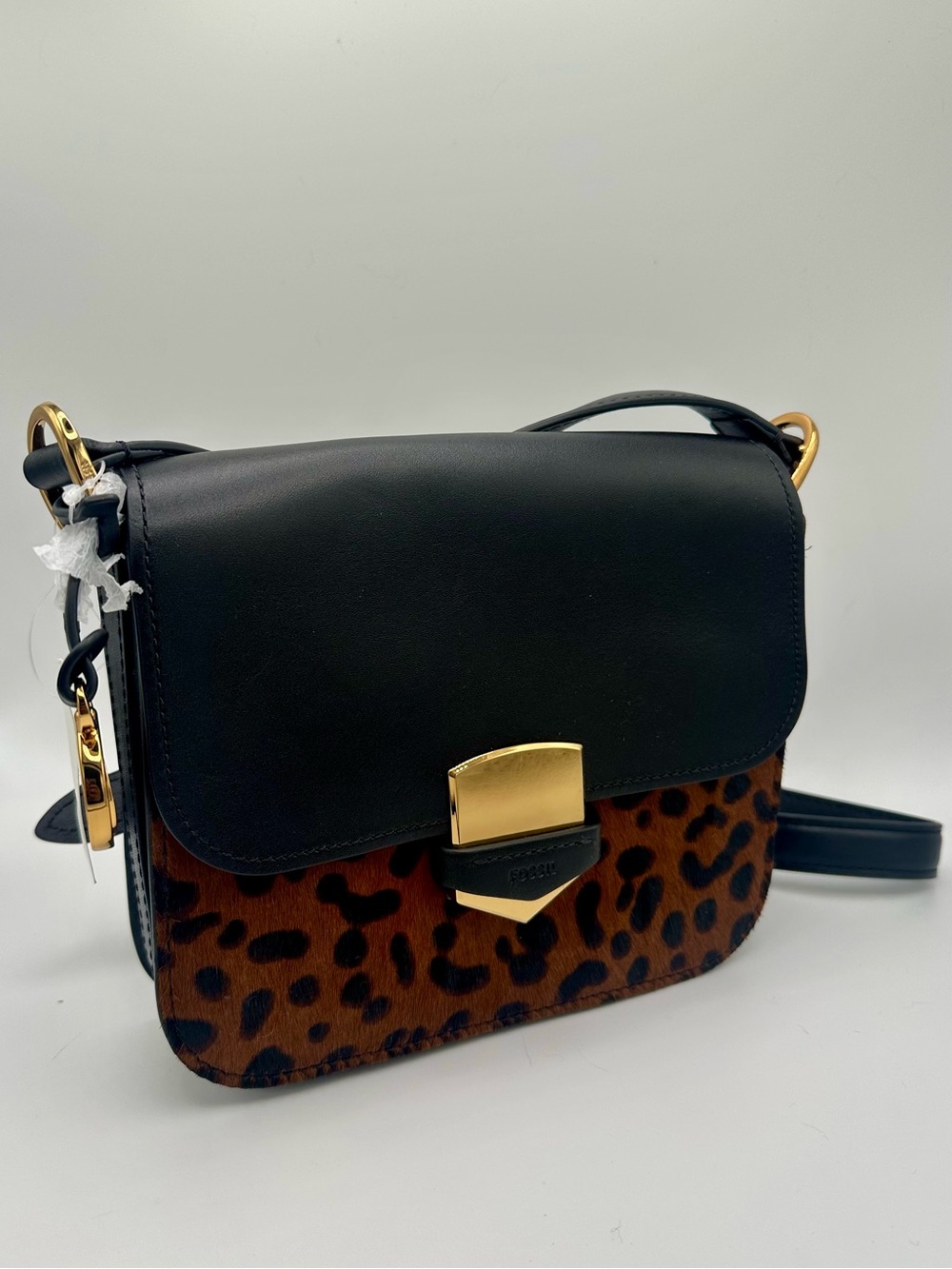 Fossil Lennox Small Leopard Print Flap Crossbody Bag Magnetic Gold Hardware